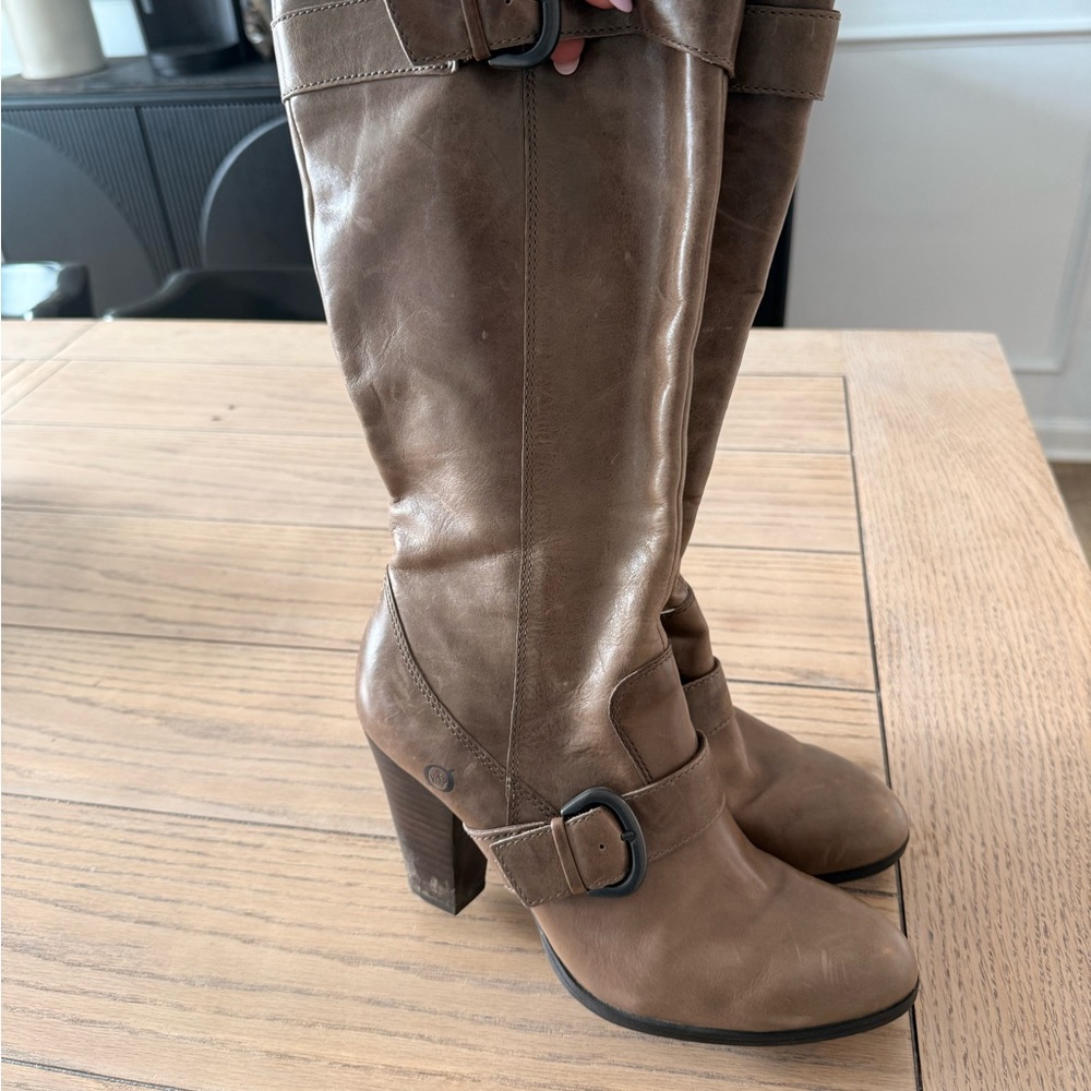 Born Tan Heeled Boots with Buckle Detail